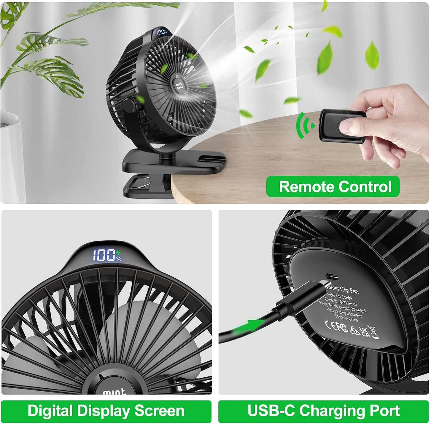 Minthouz Clip on Fan - 8000mAh USB C Rechargeable Small Fan with Battery Level Indicator, 720° Rotation Low Noise Desk Fan for Outdoor Camping/Stroller/Home/Office