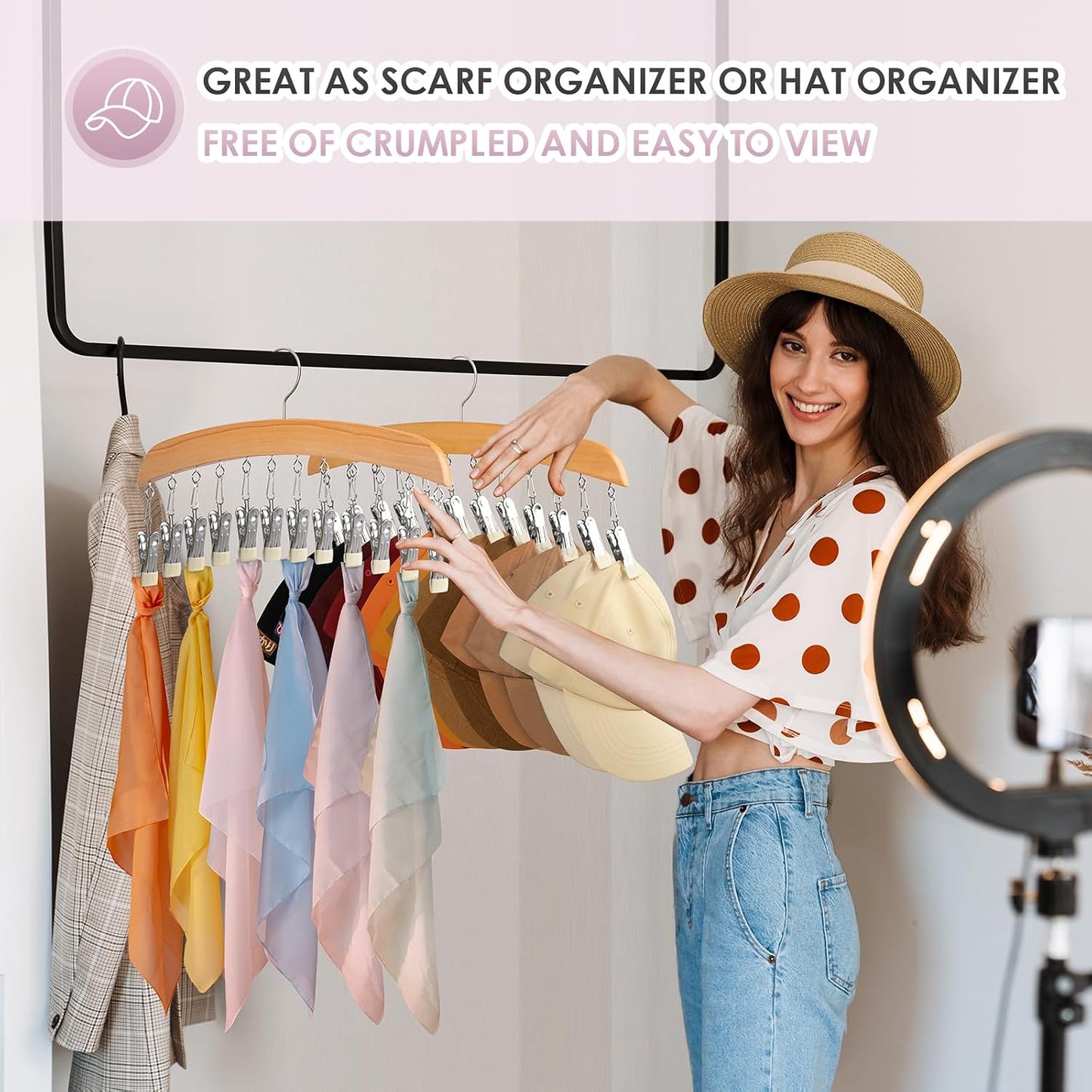MEILIDY Wooden Leggings Hangers, Scarf Hangers for Closet, Black, 2 Pcs | 24 Clips, 360° Swivel Hook, Hanging Storage Organizer for Scarves, Pants, Hats, Skirts, Bras, Camisoles, Tank tops, Gloves