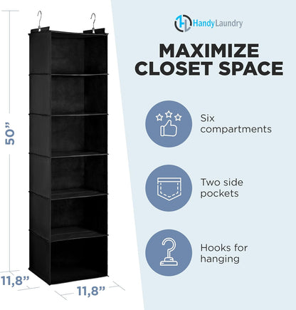 Handy Laundry Hanging Closet Organizer - 6 Shelf Storage for Clothes, Sweaters, Shoes & Accessories - Space-Saving Wardrobe Shelves with Hooks for Dorm, RV & Small Closet Organization (Beige)
