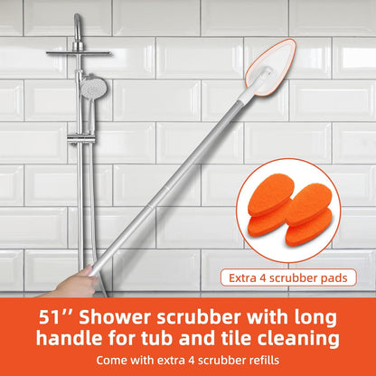 Qaestfy Bathtub Scrubber, Adjustable Long Handled Scrub Brush with 51 Inch Handle, 5 Non-Scratch Scouring Pads for Cleaning Tile Shower Bathroom Vessel Sinks Toilet Wall Floor