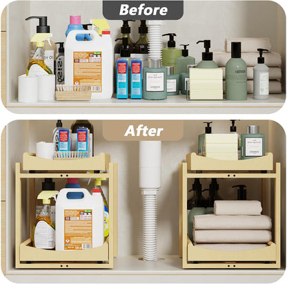 Bamboo Under Sink Organizer Adjustable Height 2 Tier Bathroom Organizer Pull Out Cabinet Storage Kitchen Heave Duty Wood Slide Ou Shelf for Kitchen Bathroom (Black, 2 Packs) (Black, 2 Pack)