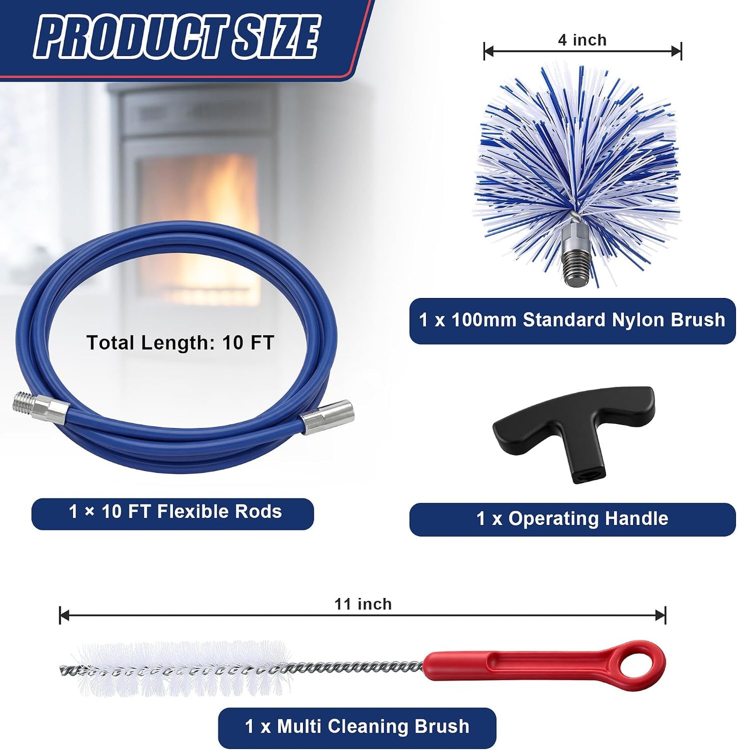Dreyoo Pellet Stove Cleaning Brush Kit, 20 FT Flexible Steel Rod with 3" Brush Head, T Handle, Multi Purpose Flue Detail Cleaner, Nylon Stove Flue Pipe Kit for Pellet Furnace Exhaust Pipes