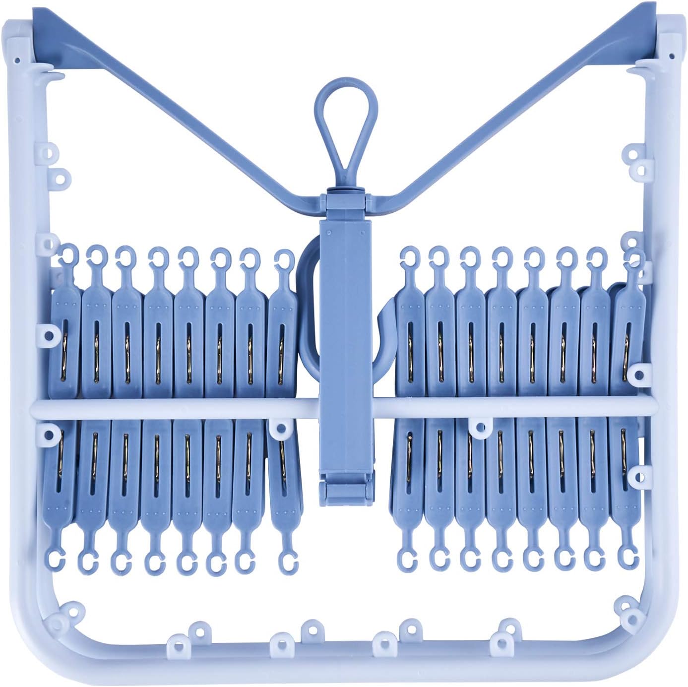 Foshine Foldable Clip Hangers Plastic Blue with 32Pcs Drying Clips | Drip Hanger Foldable Wind-Proof Hook For Underwear Socks Bras Lingerie Clothes