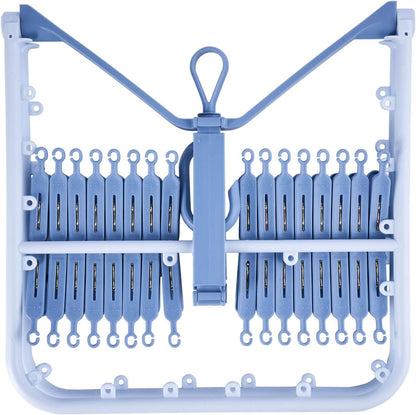 Foshine Foldable Clip Hangers Plastic Blue with 32Pcs Drying Clips | Drip Hanger Foldable Wind-Proof Hook For Underwear Socks Bras Lingerie Clothes