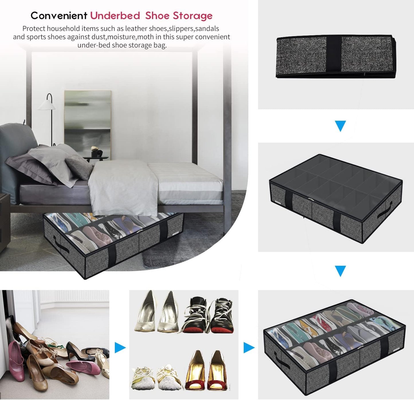 Onlyeasy Sturdy Under Bed Shoe Storage Organizer, Set of 2, Fit 12 to 24 Pairs, Underbed Shoes Closet Storage Solution with Clear Window, Breathable, L29.3 x W23.6 x H5.9, Linen-like Black, MXAUBSB2P
