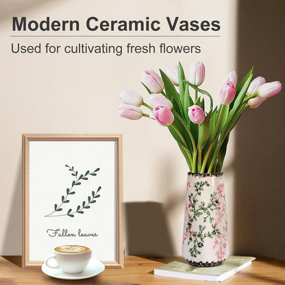 White Ceramic Vase, GUKJOB Small Cute Flower Vase for Pampas Grass, Home, Living Room, Dining Table, Farmhouse, Office Decor, Bedroom, Table, and Kitchen Shelf (White- 2PCS)