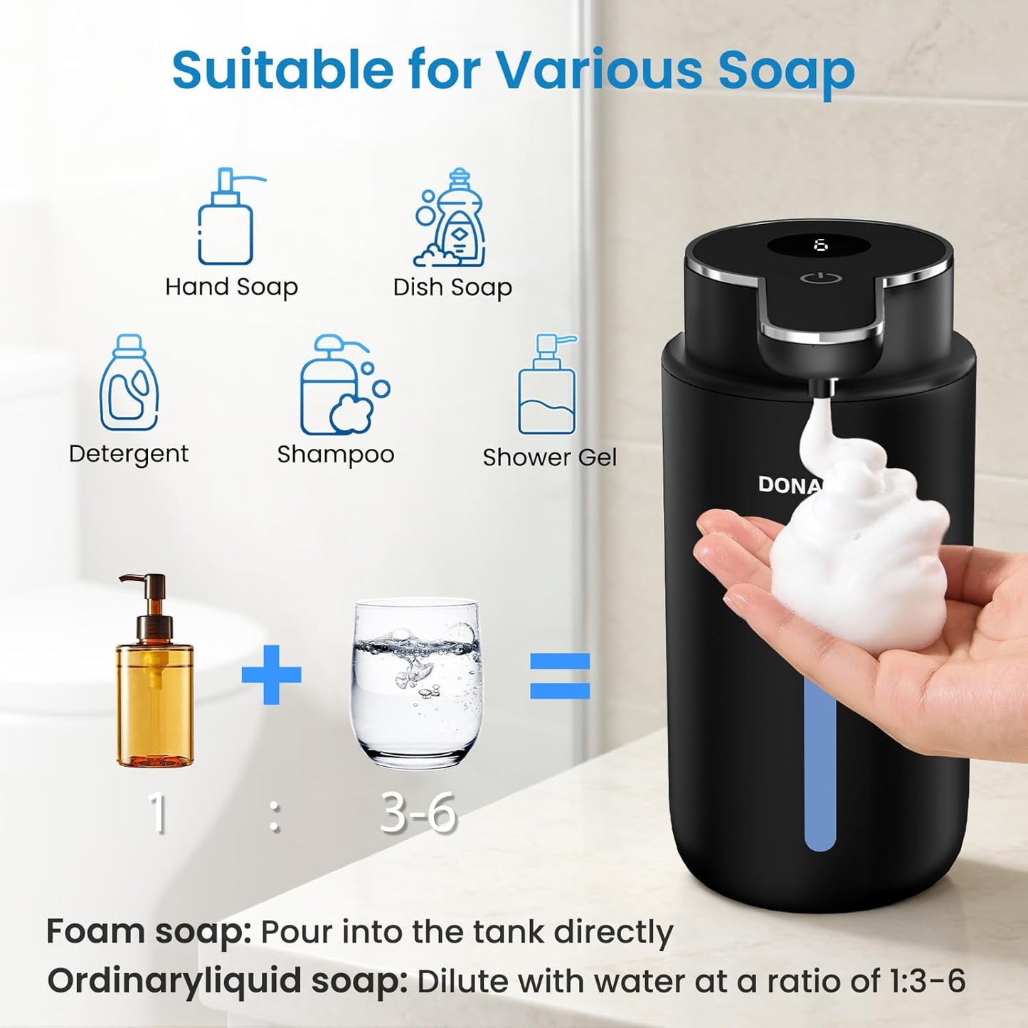 Automatic Foaming Soap Dispenser Touchless, 15oz/420ml USB-C Rechargeable Hand Soap Dispenser, 6-Level Adjustable Foam, IPX5 Waterproof, Wall Mount or Countertop for Bathroom Kitchen, Silver