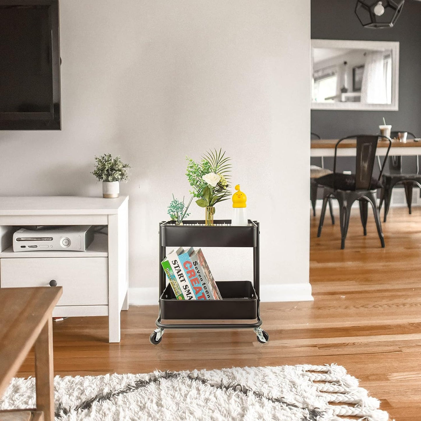 2-Tier Utility Rolling Cart Storage Sofa Side Table with Wheels, Mobile Trolley Organizer with for Office Home Kitchen Organization, Cream White