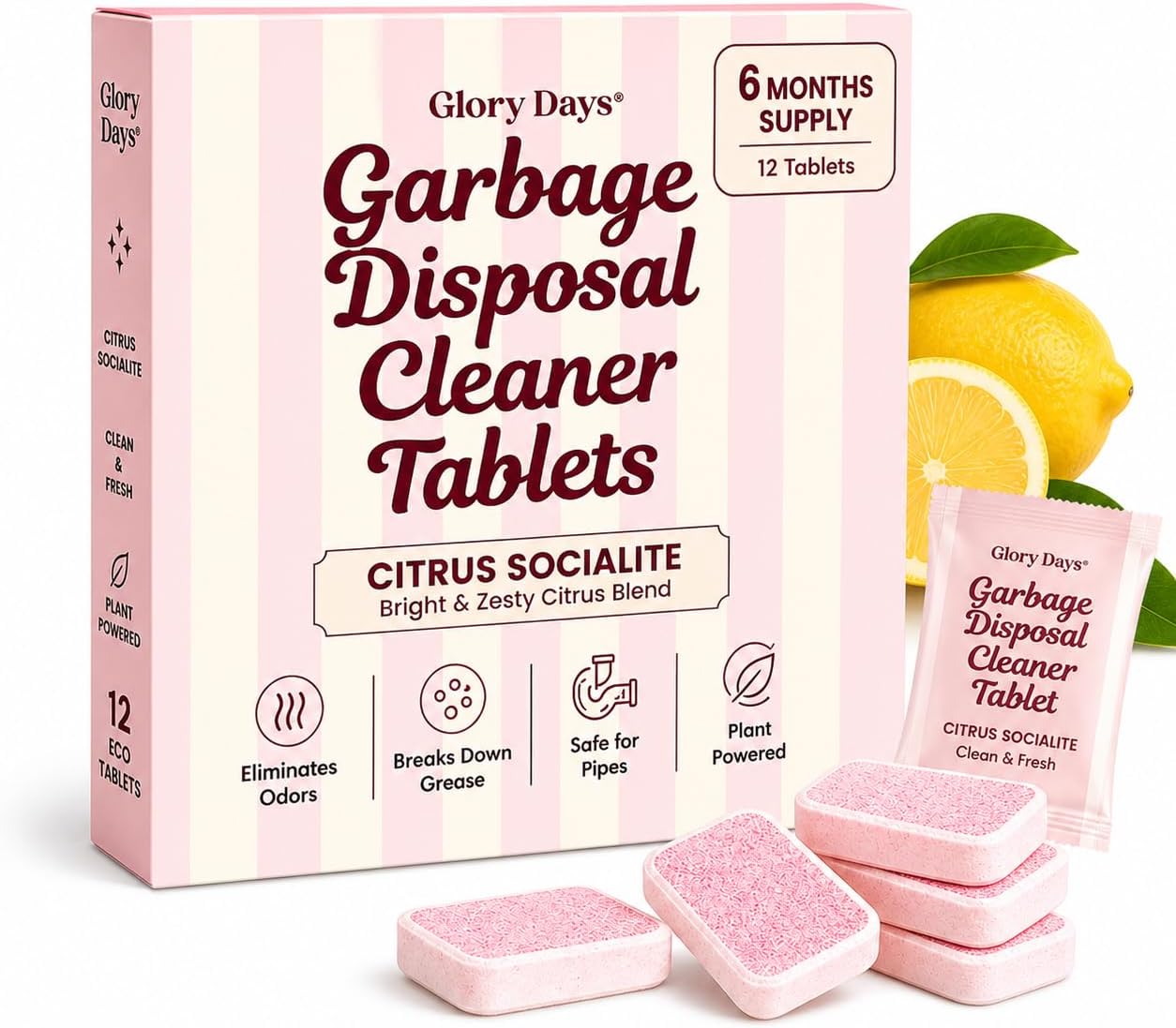 Glory Days Garbage Disposal Cleaner and Deodorizer Tablets | Foaming Citrus Drain Freshener, Sink Odor and Grease Buildup Remover, Septic Safe, Plant Based, Plastic Free