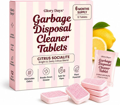 Glory Days Garbage Disposal Cleaner and Deodorizer Tablets | Foaming Citrus Drain Freshener, Sink Odor and Grease Buildup Remover, Septic Safe, Plant Based, Plastic Free