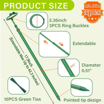Extendable Plant Stakes,Adjustable Length from 17.9IN to 42.3IN Monstera Support Stakes with Clips,Sturdy Plant Stakes for Indoor Outdoor,Garden Sticks for Tomato,Orchid,Climbing Plants- 3Pack