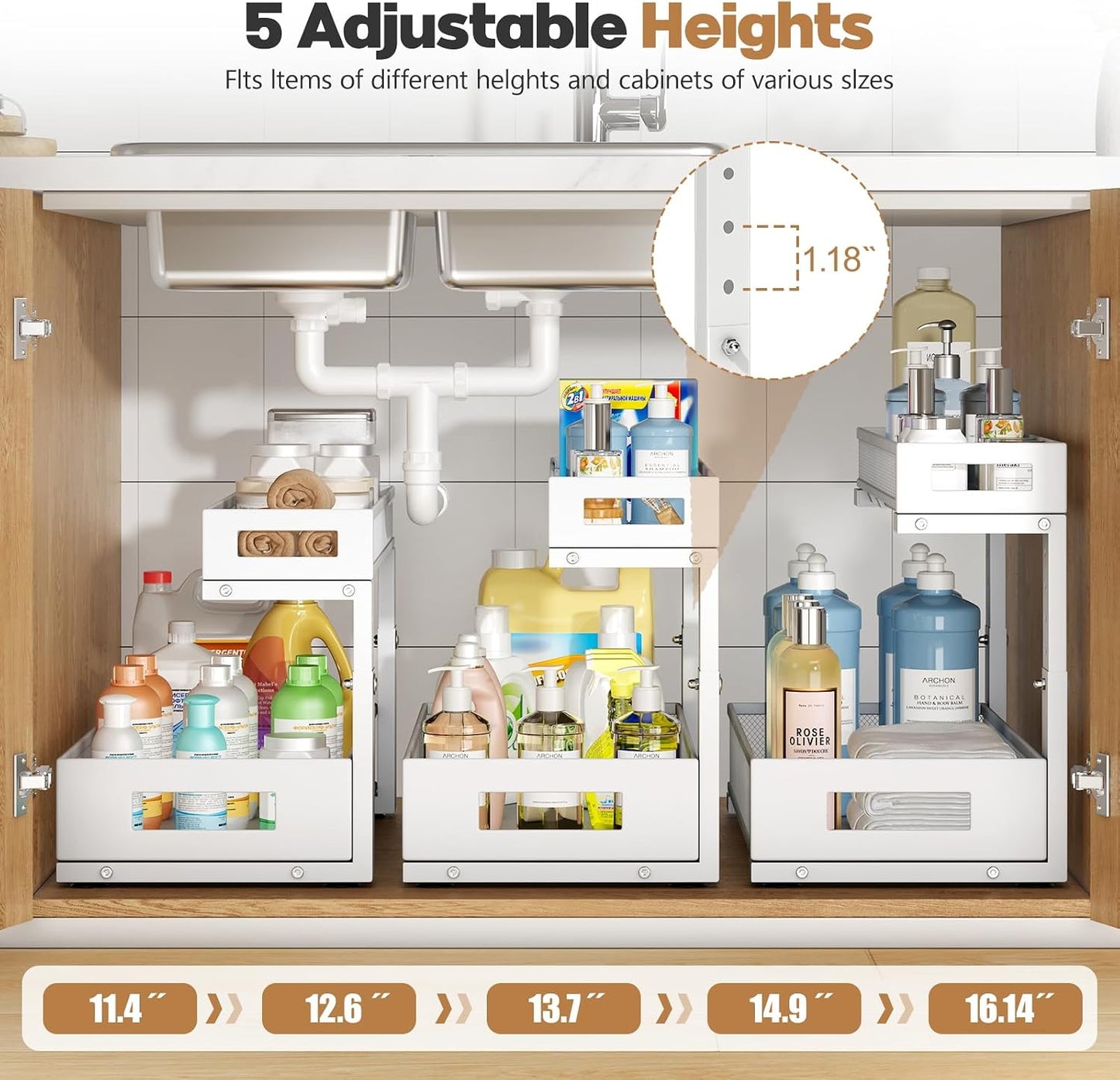 2-Pack Under Sink Storage Organizer, Large 2-Tier Elegant Mesh Pull Out Shelf for Kitchen and Bathroom Cabinet Organization, L-Shaped and Adjustable Height Design,Patent Pending-Black