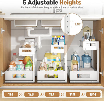 2-Pack Under Sink Storage Organizer, Large 2-Tier Elegant Mesh Pull Out Shelf for Kitchen and Bathroom Cabinet Organization, L-Shaped and Adjustable Height Design,Patent Pending-Black
