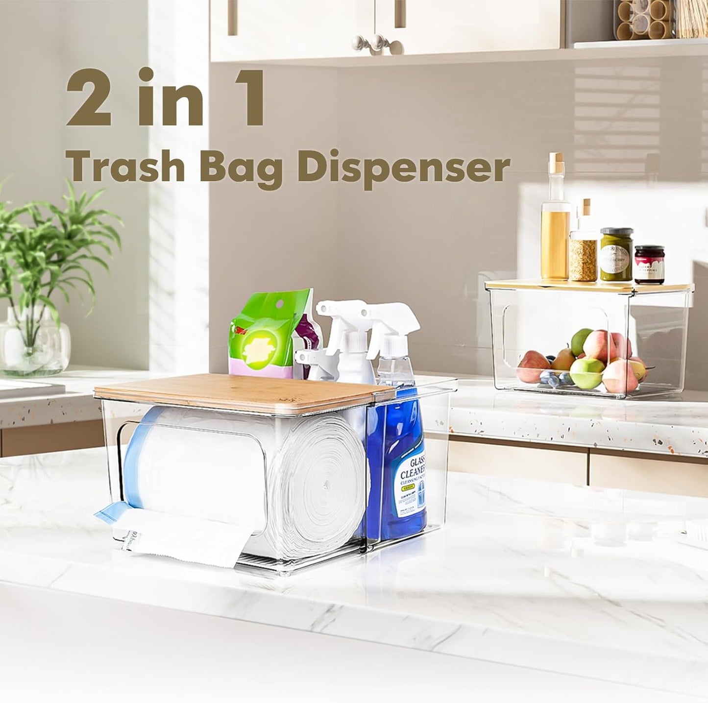 iCASA Trash Bag and Dishwasher Pod Dispenser - 3 in 1 Clear Storage Bins Holder for 13/30/33 Gallon Garbage Bags, Laundry Detergent Pods & Tabs, Under Sink Organizer for Kitchen and Laundry Room