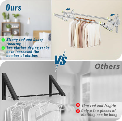 Foldable Wall Mounted Clothes Rack-30'' Long Rod&2 Thick Bases,Stainless Steel,Multi-Purpose for Space-Saving Garment Rack/Clothes Drying Rack/Clothes Hanger,Detachable and Top Shelf Room Reserved