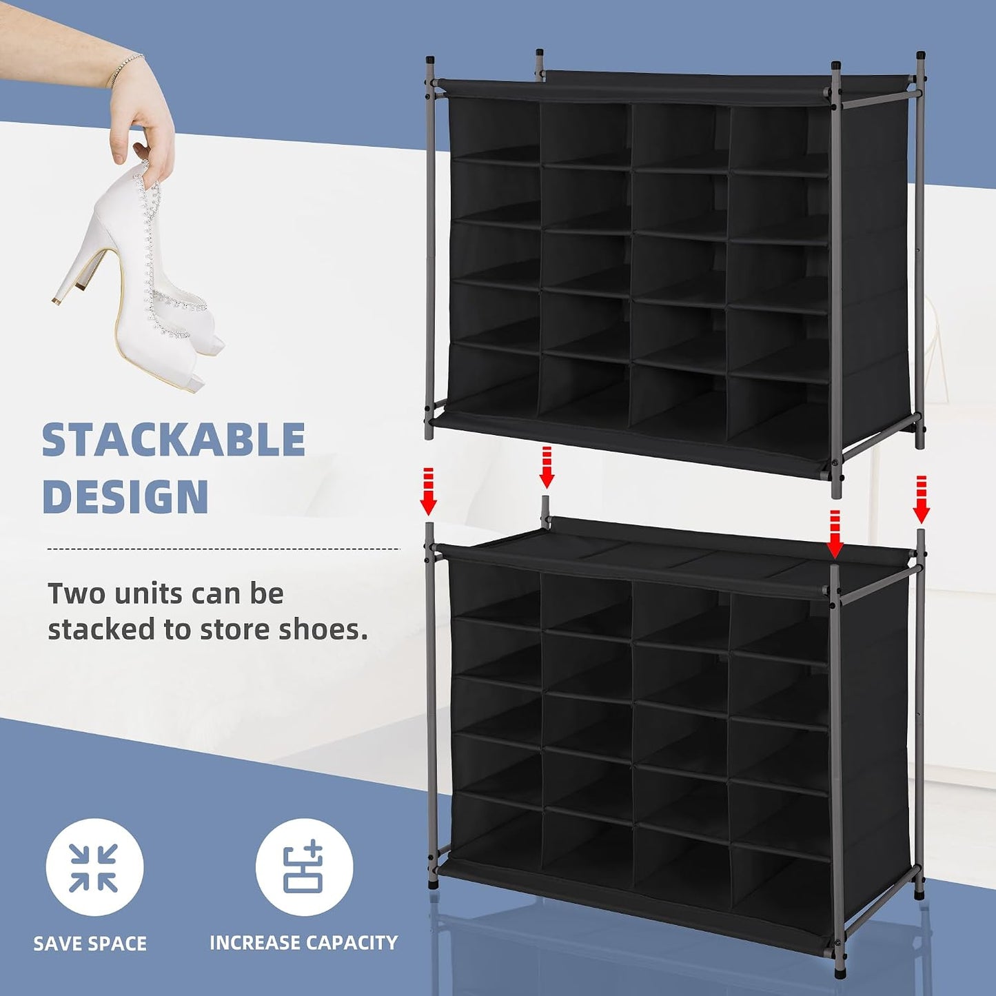 STORAGE MANIAC Stackable Shoe Cubby Organizer, Free Standing Shoe Cube Rack for Entryway, Bedroom, Apartment, Closet, 20-Cube Gray