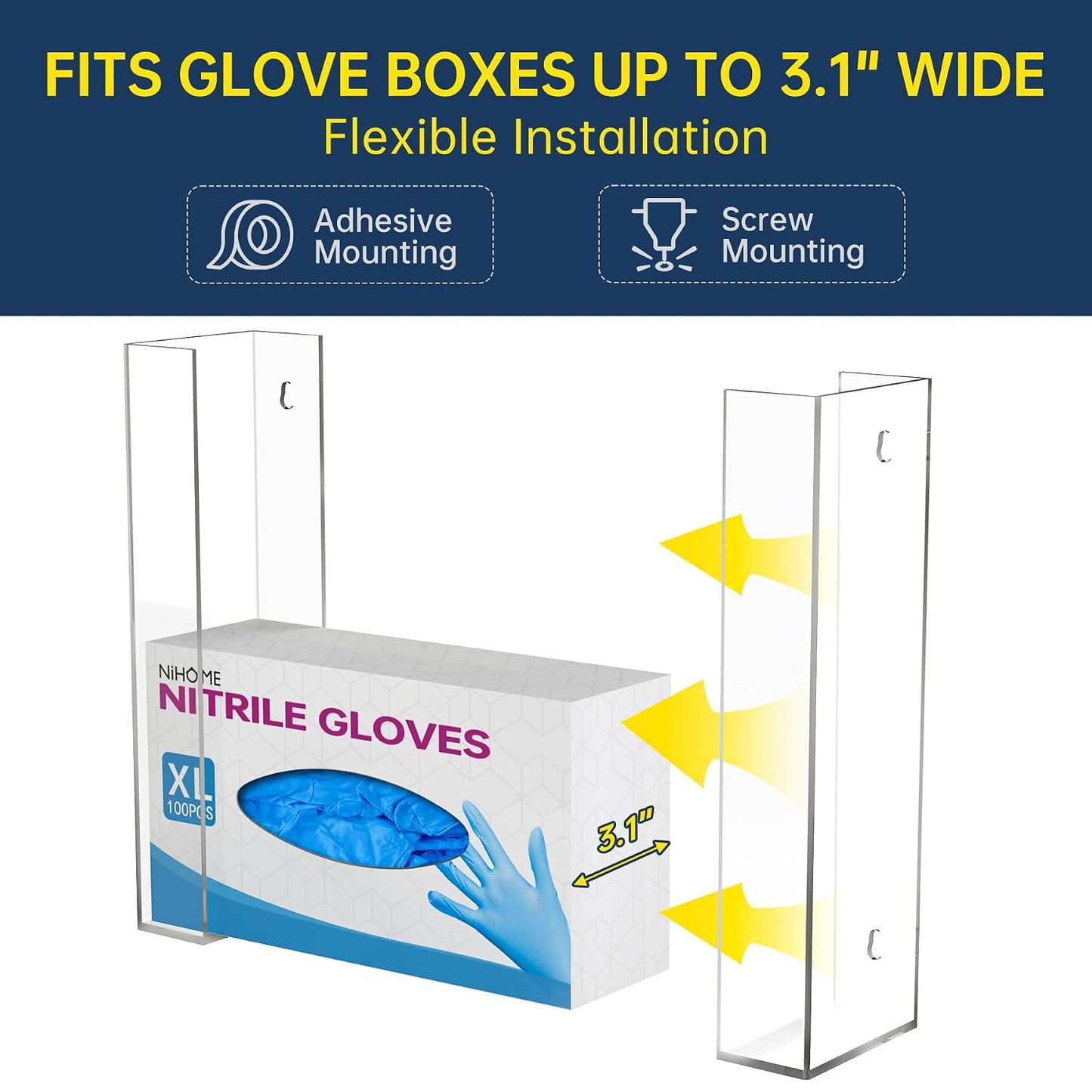 NiHome 2-Tier Clear Acrylic Glove & Tissue Box Holder Dispenser, Wall Mount | Space-Saving Glove Box Dispenser, Adjustable Organizer for Tissues, Baby Wipes, Adhesive or Screw Mount for Kitchen, Bathroom
