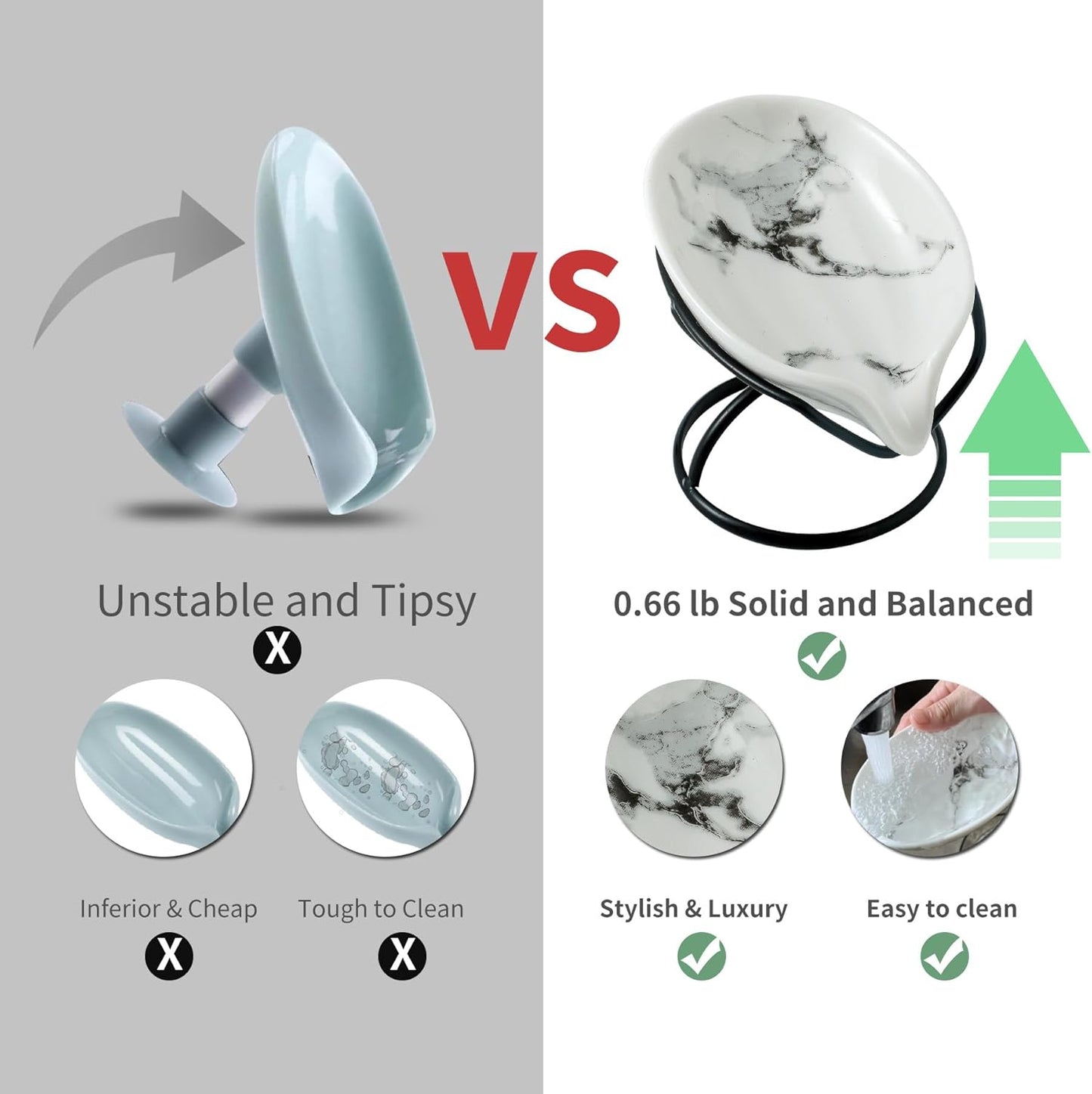 Dobbyby Leaf-Shaped Soap Dish – Premium Ceramic Soap Bar Holder with Self-Drainage System – Bar Soap Holder for Shower, Bathroom Sink, Kitchen – Waterfall Soap Dish with Stainless Steel Stand (SLIVER)