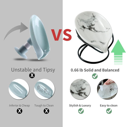 Dobbyby Leaf-Shaped Soap Dish – Premium Ceramic Soap Bar Holder with Self-Drainage System – Bar Soap Holder for Shower, Bathroom Sink, Kitchen – Waterfall Soap Dish with Stainless Steel Stand (SLIVER)