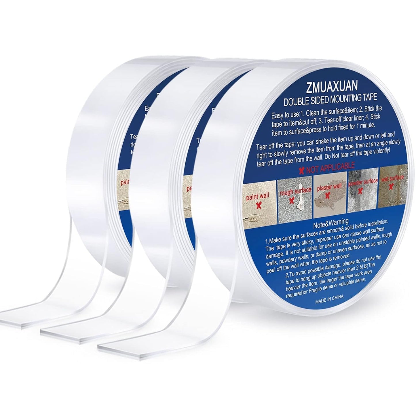 ZMUAXUAN Strong Nano Double Sided Tape Heavy Duty Mounting,Clear Removable Wall Sticky Adhesive Strips,Reusable Thick Gel Grip for Hanging Picture,Poster,Carpet,Photo