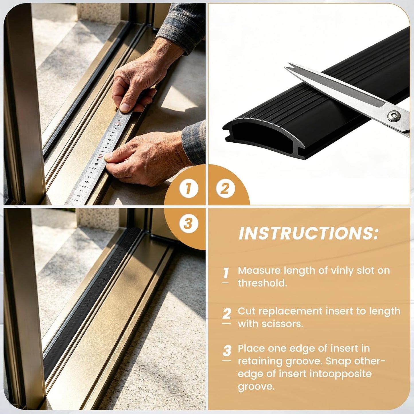 2 Pcs 36 Inch Vinyl Replacement Insert for Adjustable Height Aluminum Thresholds with Seals 1-5/16 x 3/8 Vinyl Replacement Insert for Front Under Door Weather Stripping Seal Exterior