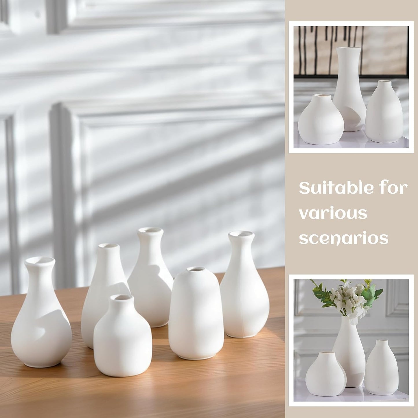 White Ceramic Bud Vase Set of 5, Mini Vases for Flowers, Decorative Small Vases for Home Decor, Boho Wedding Centerpieces, Living Room, Dining Table & Shelf Decor