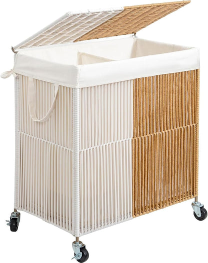 WOWLIVE Laundry Hamper with Wheels, 160L Handwoven Rolling Laundry Basket 3 Section with Lid, Clothes Hamper with Removable Liner Bags, Large Capacity Laundry Sorter Laundry Room Organization, Natural