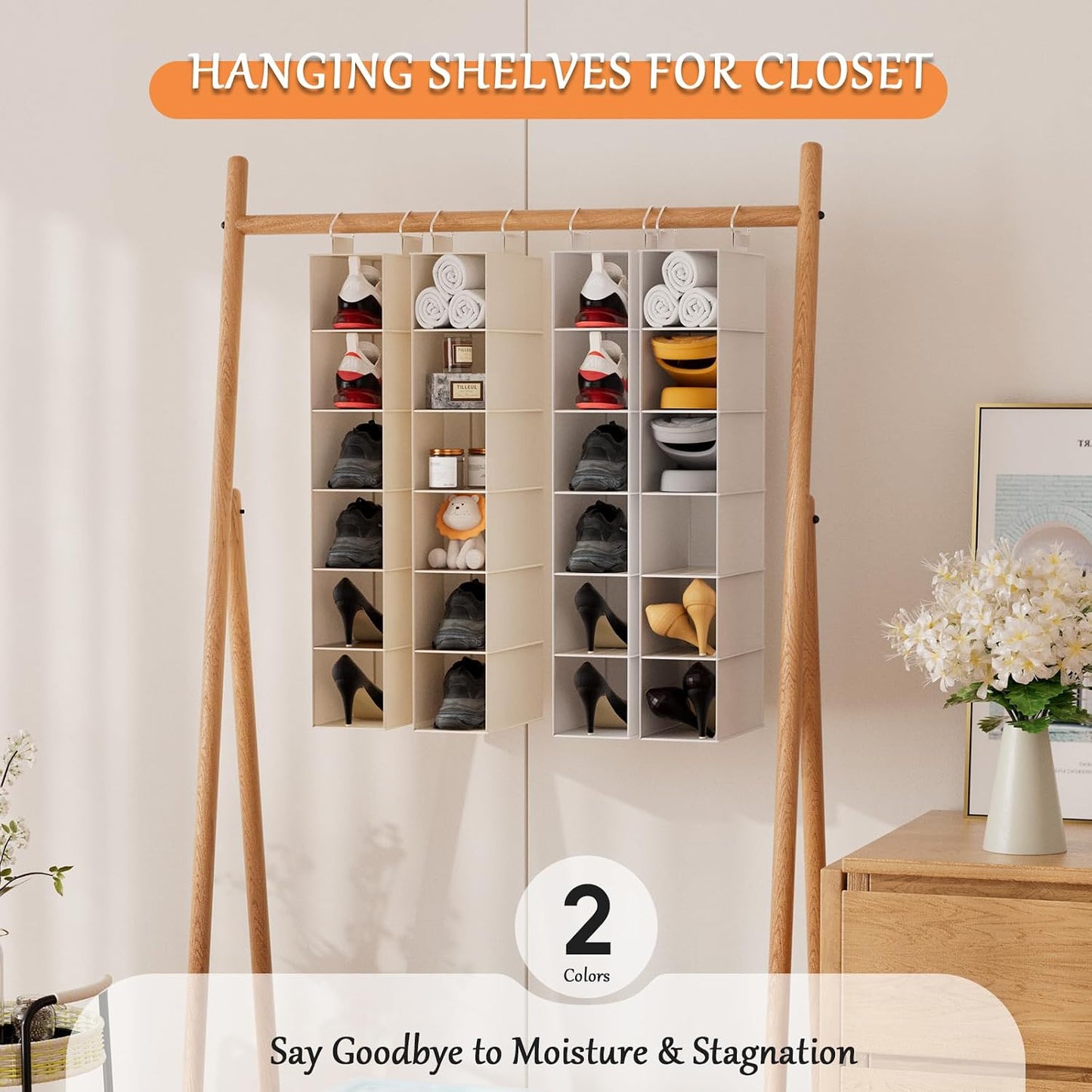 Hanging Shoe Organizer for Closet with 8 Shelves,Mesh Pockets-Wider Hanging Shelves for Shoes,Clothes,Hats with Sturdy Bamboo-Supported Design (Beige)
