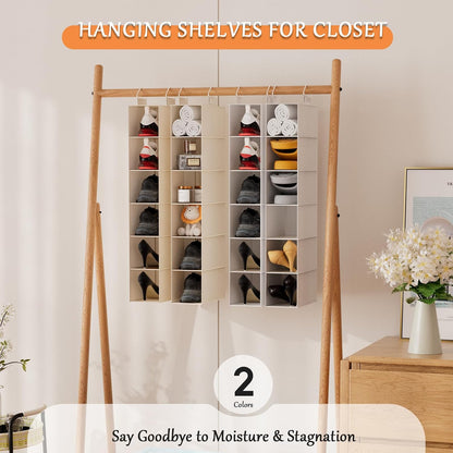 Hanging Shoe Organizer for Closet with 8 Shelves,Mesh Pockets-Wider Hanging Shelves for Shoes,Clothes,Hats with Sturdy Bamboo-Supported Design (Beige)