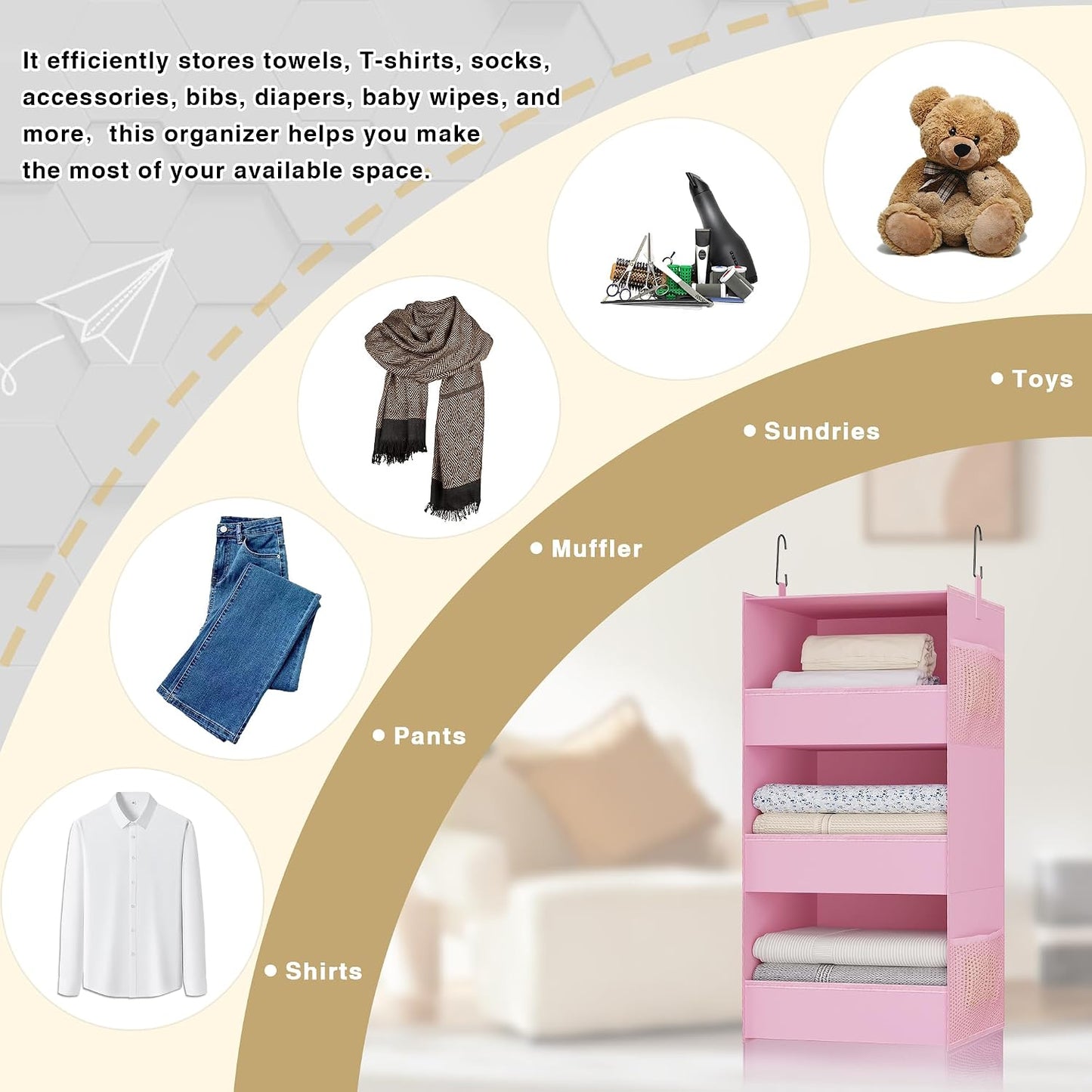 3-Shelf Hanging Closet Organizer, Washable Foldable Storage, Dark Gray | Front lip keeps items secure; side pockets add room; Oxford fabric handles towels, shirts, baby items, dorms, RVs or travel.
