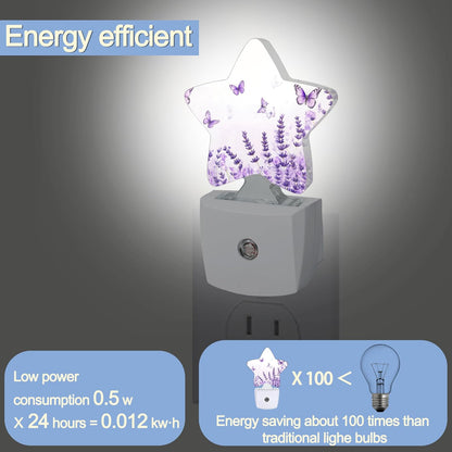 Lavender Butterfly Nightlight,Summer Flowers Star Night Lights Plug into Wall Decorations for Bedroom Bathroom,Dusk to Dawn Sensor Kitchen Hallway Stairs Energy Efficient Desk Lamp