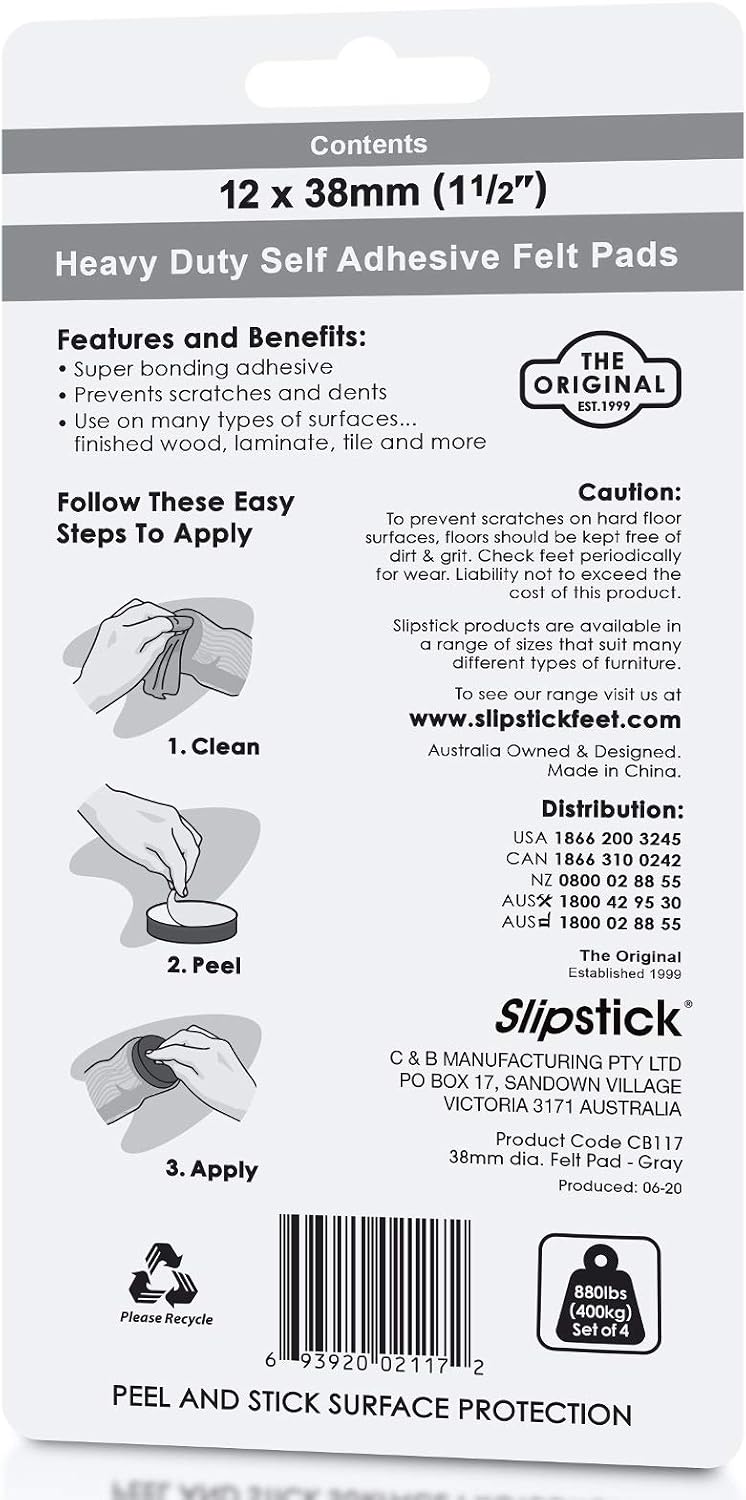Slipstick Premium Wool Felt Furniture Pads/Floor Protectors (1 Inch Round Value Pack) Includes 40 Heavy-Duty Felt Chair Leg Pads with Self-Stick Adhesive, Gray, CB115