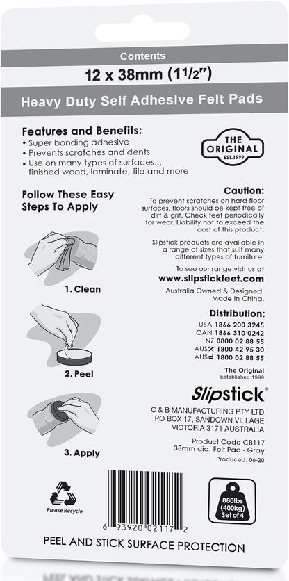 Slipstick Premium Wool Felt Furniture Pads/Floor Protectors (1 Inch Round Value Pack) Includes 40 Heavy-Duty Felt Chair Leg Pads with Self-Stick Adhesive, Gray, CB115
