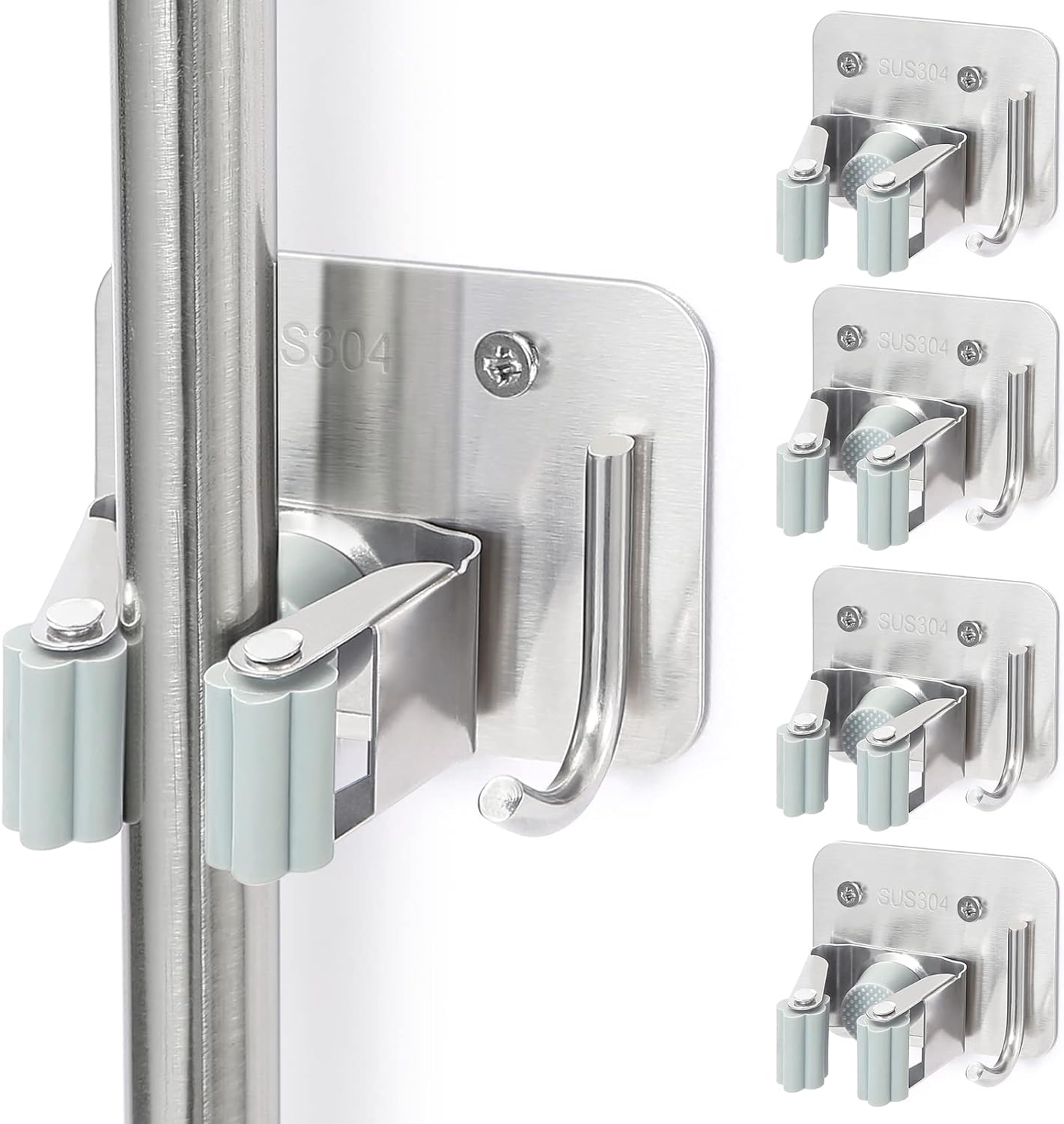 Stainless Steel Broom Holder, Heavy Duty, Rust Resistant, 4 Gripper Positions with 4 Hooks, Black