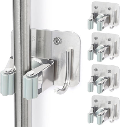 Stainless Steel Broom Holder, Heavy Duty, Rust Resistant, 4 Gripper Positions with 4 Hooks, Black