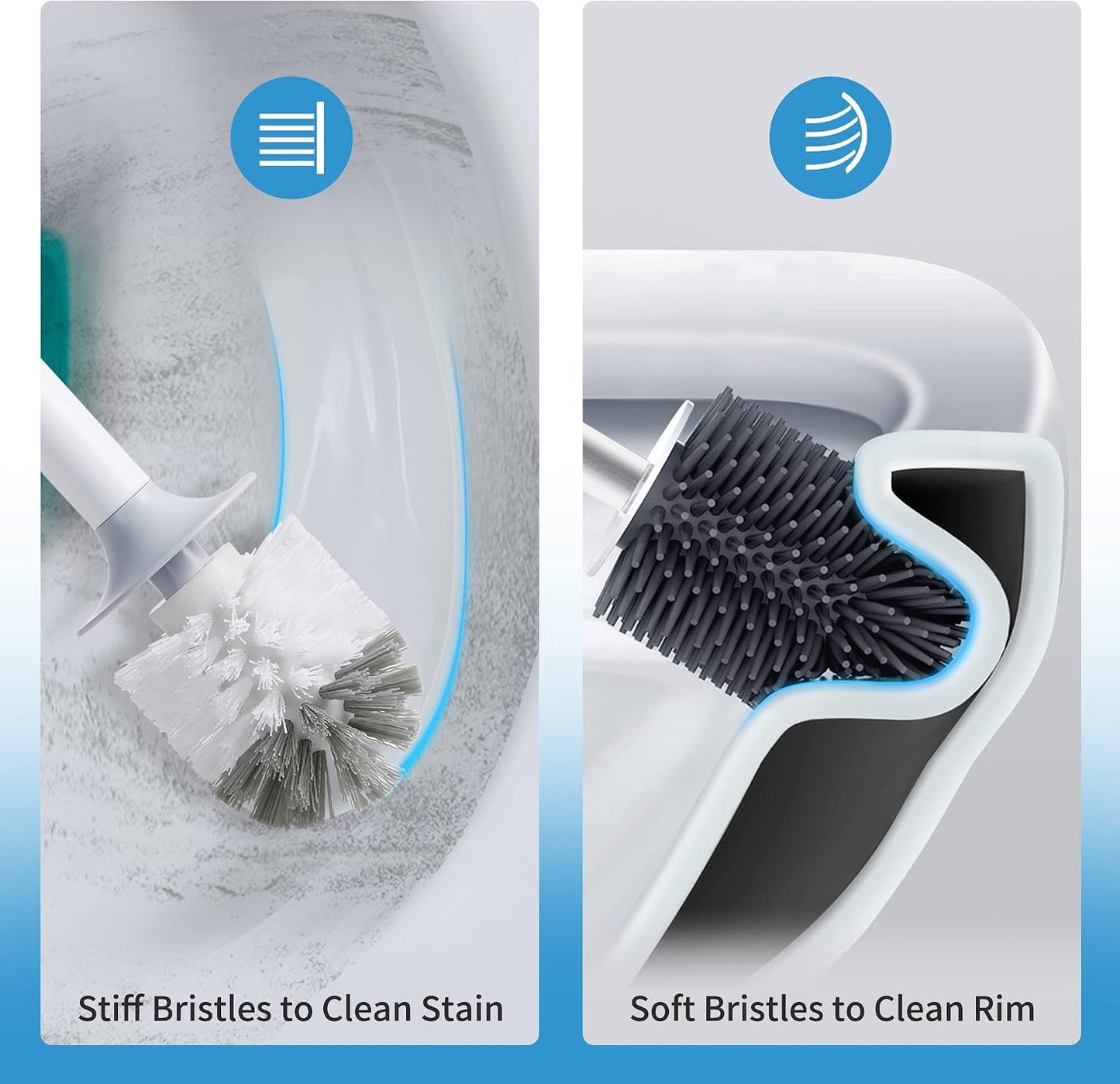 BOOMJOY Toilet Brush and Holder Set, Silicone Toilet Bowl Cleaner Brush, Bathroom Cleaning Bowl Kit with Tweezers, Bathroom Accessories with Aluminum Handle - White