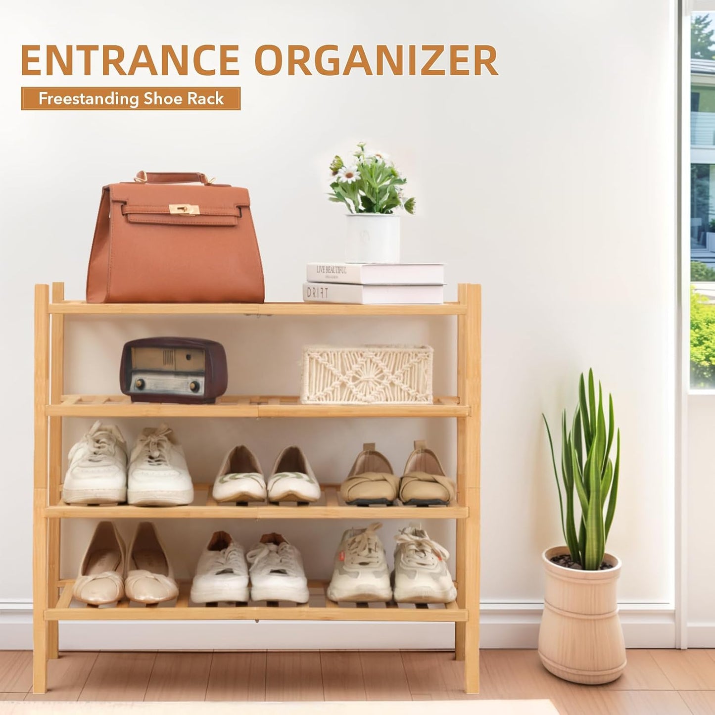 4 Tier Bamboo Shoe Rack Storage Organizer for Closet, Multifunctional Stackable Free Standing Shoe Shelf Organizer for Small Space,Entryway, Hallway, Bathroom27 x11 x26(White, 4 Tier)