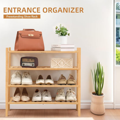 4 Tier Bamboo Shoe Rack Storage Organizer for Closet, Multifunctional Stackable Free Standing Shoe Shelf Organizer for Small Space,Entryway, Hallway, Bathroom27 x11 x26(White, 4 Tier)