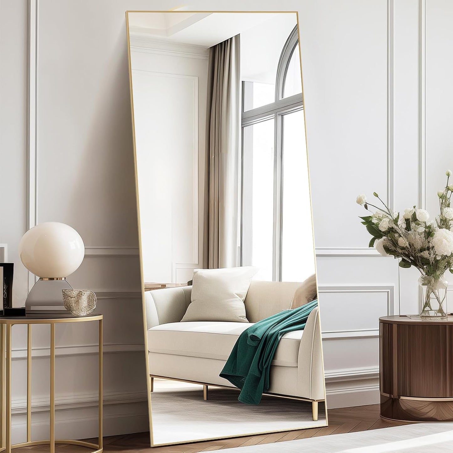 DUMOS 64"x21" Arched Full Length Floor Mirror, Full Body Mirror with Stand, Shatterproof Tempered Glass, Modern Aluminum Alloy Frame, Free Standing or Leaning for Home Decor, Gold