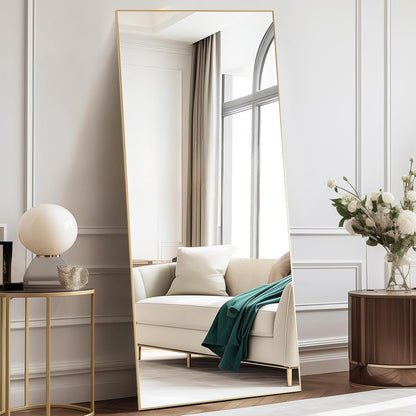 DUMOS 64"x21" Arched Full Length Floor Mirror, Full Body Mirror with Stand, Shatterproof Tempered Glass, Modern Aluminum Alloy Frame, Free Standing or Leaning for Home Decor, Gold