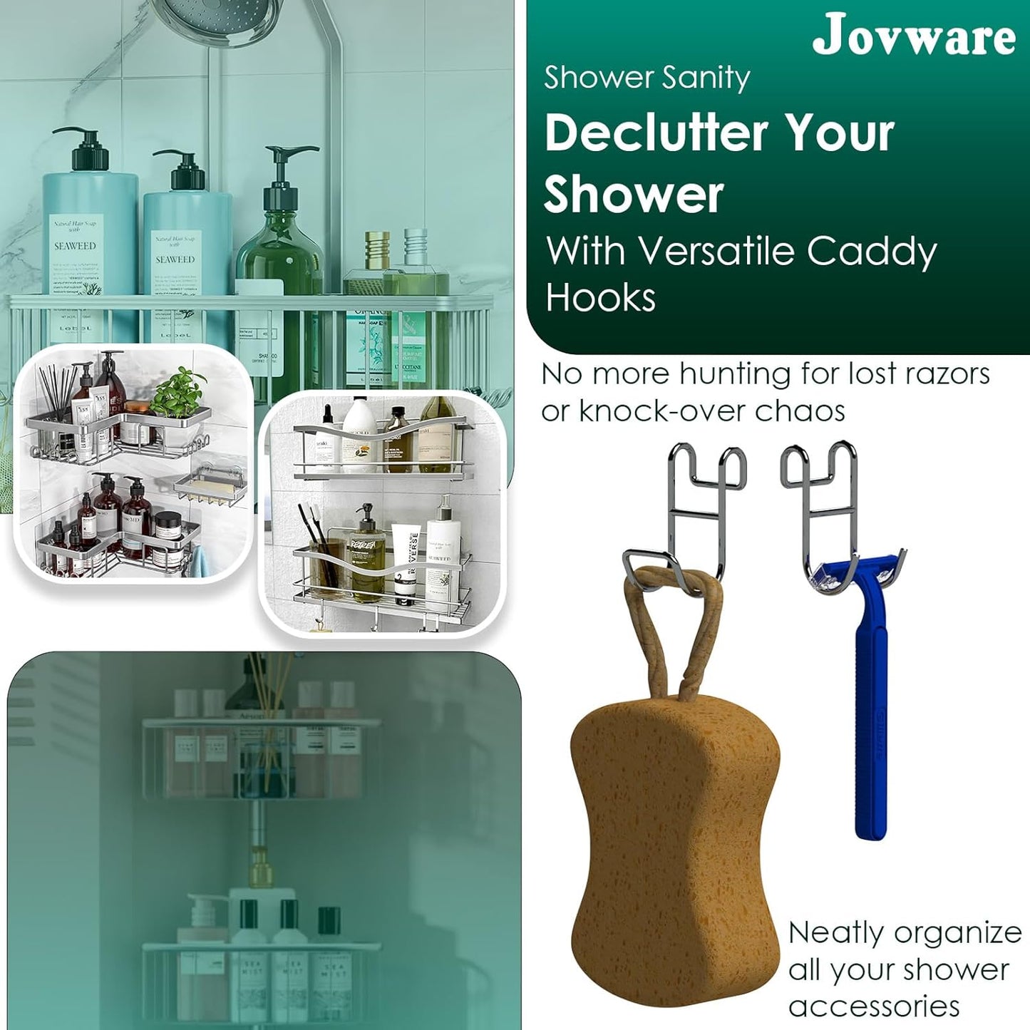 Shower Caddy With Hooks - Razor Holder and Loofah Hanger 2 Pack Silver