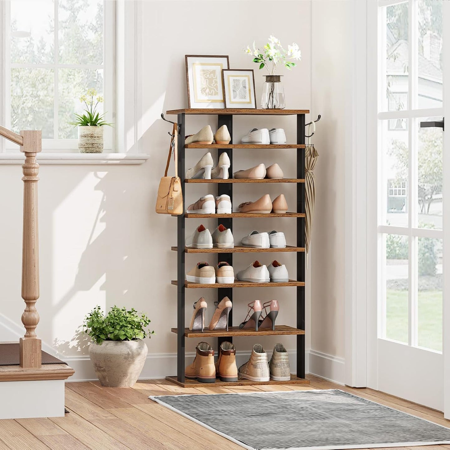 HOOBRO 8 Tiers Vertical Shoe Rack, Wooden Shoe Storage Organizer with Hooks, Narrow Shoe Tower for 8 Pairs, Space Saving, for Entryway, Living Room, Bedroom, Rustic Brown BF07XJ01G1