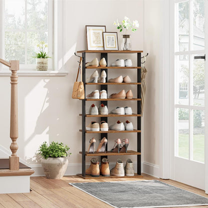 HOOBRO 8 Tiers Vertical Shoe Rack, Wooden Shoe Storage Organizer with Hooks, Narrow Shoe Tower for 8 Pairs, Space Saving, for Entryway, Living Room, Bedroom, Rustic Brown BF07XJ01G1