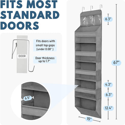 Over The Door Organizer with 5 Large Pockets, 5-Tier Hanging Storage | 5 Large & 6 Side Pockets, Behind Door Storage, 50 lbs Capacity, For Closet, Nursery, Bathroom