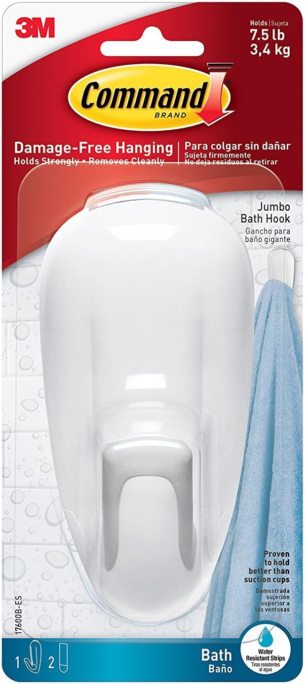 Command Bathroom Hook with Water-Resistant Strips, 1-Hook, 2-Strips, Organize Damage-Free