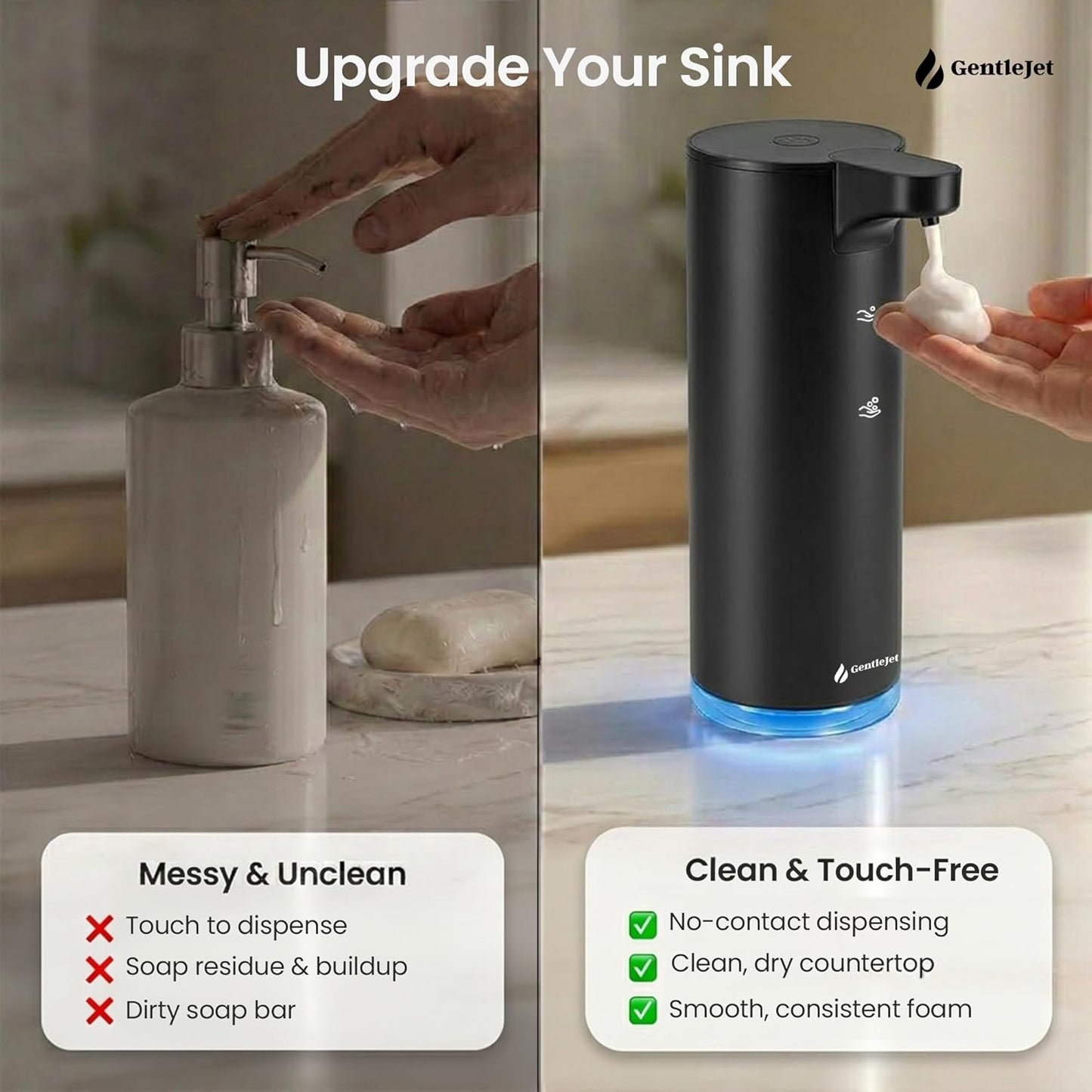 GentleJet EasyFoam Automatic Foaming Soap Dispenser Touchless Sensor, USB-C Rechargeable, 304 Stainless Steel, IPX5 Waterproof for Bathroom Kitchen Sink, 280 ml