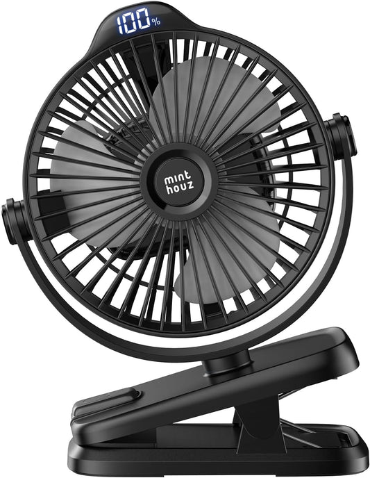 Minthouz Clip on Fan - 8000mAh USB C Rechargeable Small Fan with Battery Level Indicator, 720° Rotation Low Noise Desk Fan for Outdoor Camping/Stroller/Home/Office