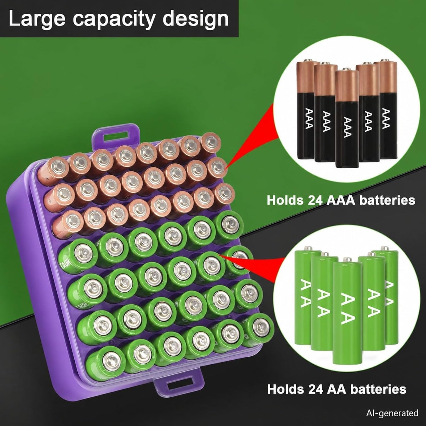 ALCYON Battery Organizer Storage Case, Battery Vault Box Container for 48pcs AA Batteries, Plastic Clear Protective Battery Holder for Travelling/Home/Office (Black, Large)