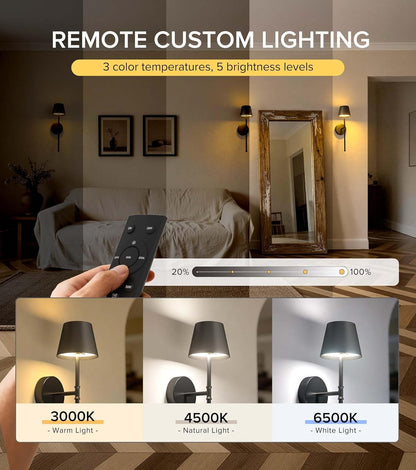 UME Wireless Sconces Set of 2 with Remote, 5200mAh Battery Powered Sconces - Small Rechargeable Sconces w/ 3 Color Temps & 5 Brightness Levels for Bedroom, Living Room, Wall Painting, Cafe (Black)