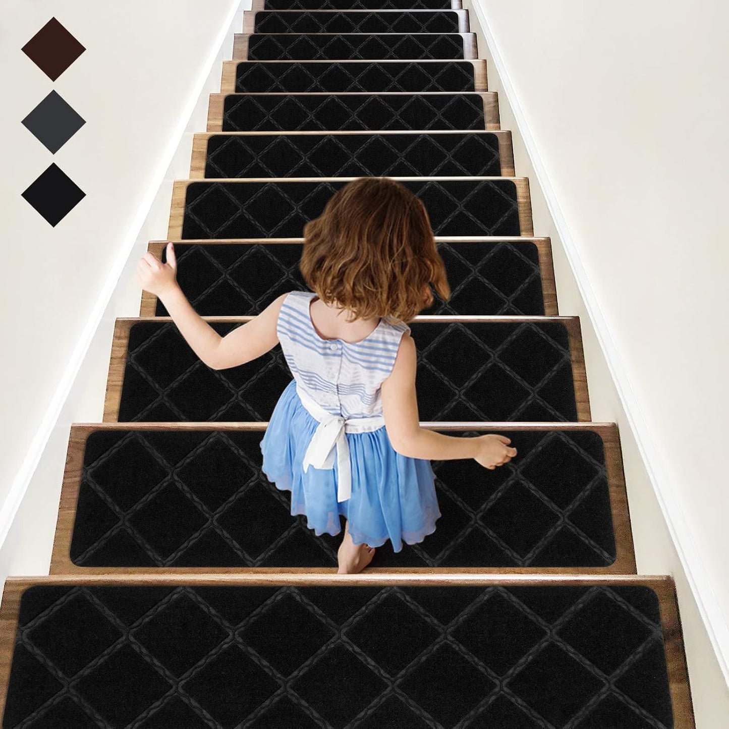 RIOLAND Stair Treads Carpet Non-Slip Indoor 15 PCS Wood Stair Treads Rugs Anti Moving Modern Stair Runners Safety for Kids Dogs, 8" X 30", Diamond Gray